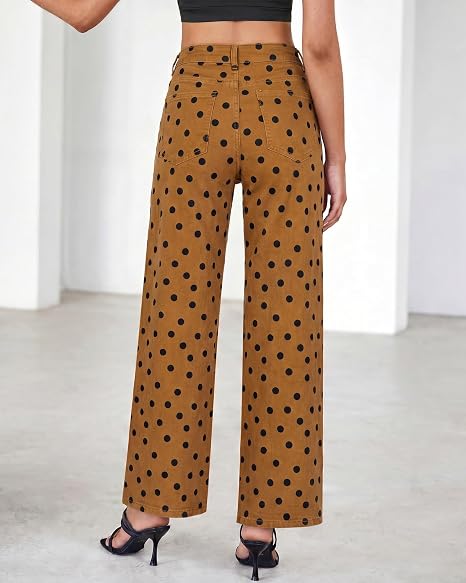GRAPENT Wide Leg Jeans for Women High Waisted Polka Dot Stretch Denim Pants | Polka Dot, 90s Baggy Straight, High Rise, 29.5 Inch Inseam, Stretchy Jean Pants, Classic 5 Pockets, Business Casual Outfits