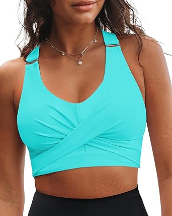 GRAPENT Bikini Tops for Women Twist Front Ruched Bathing Suit Adjustable Crisscross Back Cropped Tankini Swim Top Only