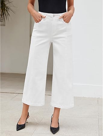 GRAPENT Wide Leg Jeans Woman Trendy Cropped High Waisted Front Seam Casual Stretchy Denim Trouser Jeans with Pockets