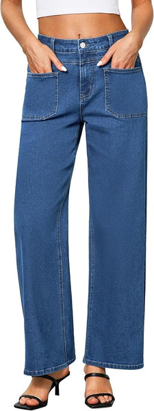 GRAPENT Wide Leg Jeans for Women Trendy High Waisted Loose Straight Leg Stretchy Retro Denim Pants with Pouch Pockets