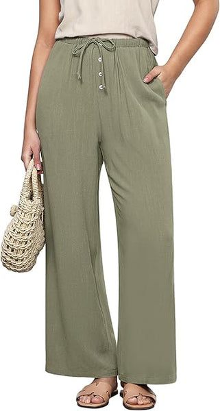 GRAPENT Linen Wide Leg Pants Woman High Waisted Pull On Button Drawstring Baggy Casual Summer Palazzo Pants with Pockets