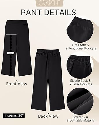 GRAPENT Cropped Pants for Women Trendy Business Casual High Waisted Pull On Wide Leg Stretchy Dress Pants with Pockets