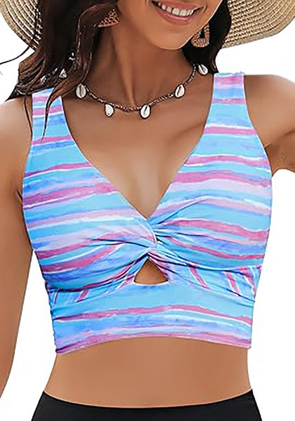 GRAPENT Bikini Tops for Women Cropped Tankini Tops Floral Printed Beach Padded Knot Twist Cut Out Bathing Suit Top Only