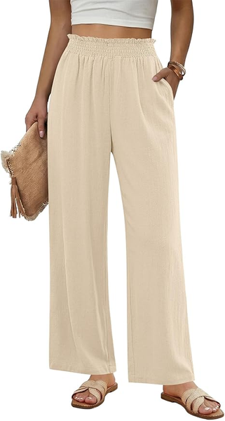 GRAPENT Linen Pants for Women Wide Leg High Waisted Paper Bag Smocked Waist Casual Summer Beach Vacation Palazzo Pants