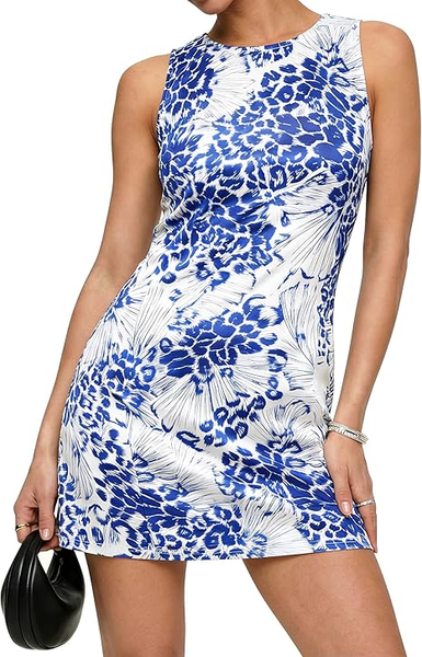 GRAPENT Satin Dress for Women Summer Casual Sleeveless Tank Zip Printed 2026 Cocktail Short Mini Dresses with Pockets