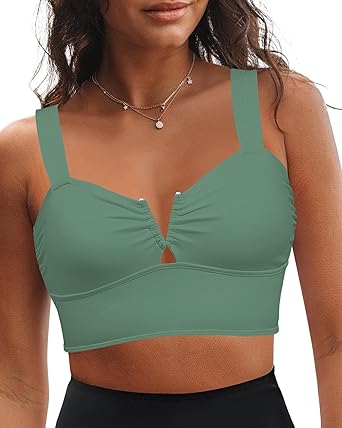 GRAPENT Bikini Tops for Women Cropped Tankini Tops Beach V Bar Padded Ruched Adjustable Strap Swimsuit Swim Top Only