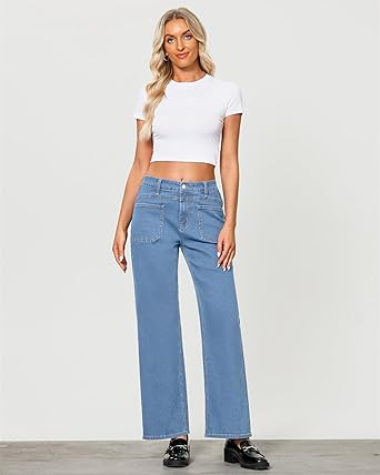 GRAPENT Wide Leg Jeans for Women Trendy High Waisted Loose Straight Leg Stretchy Retro Denim Pants with Pouch Pockets