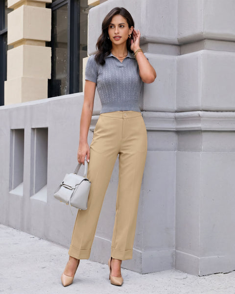 GRAPENT Dress Pants Women Ankle Straight Leg Business Casual Work Trousers Office Pants, Cuffed Hem, High Waisted, Elastic Back Waist, Stretchy Dressy Casual Slacks, Work Wear, Business Casual Outfits