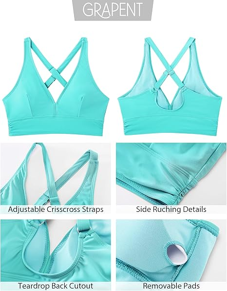 GRAPENT Bikini Top for Women V Neck Ruched Criss Cross Padded Beach Vacation Bathing Suit Modest Cute Swim Suit Top Only