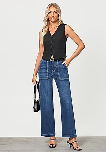 GRAPENT Jeans for Women High Waisted Straight Leg Jeans Stretchy Trendy Wide Leg Denim Pants Jean Trousers Patch Pockets