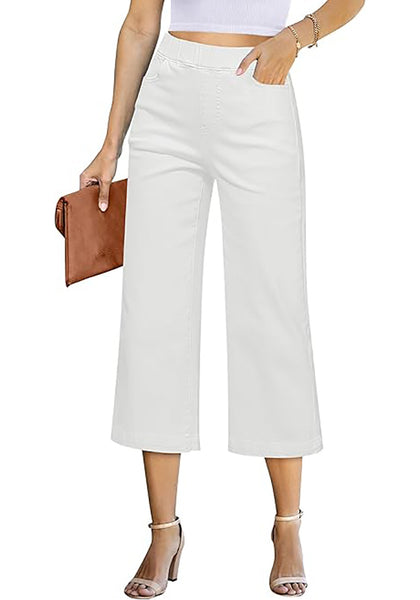 GRAPENT Capri Jeans for Women Wide Leg High Waisted Effortless Flow Pull On Stretchy Denim Elastic Waist Pants with Pockets