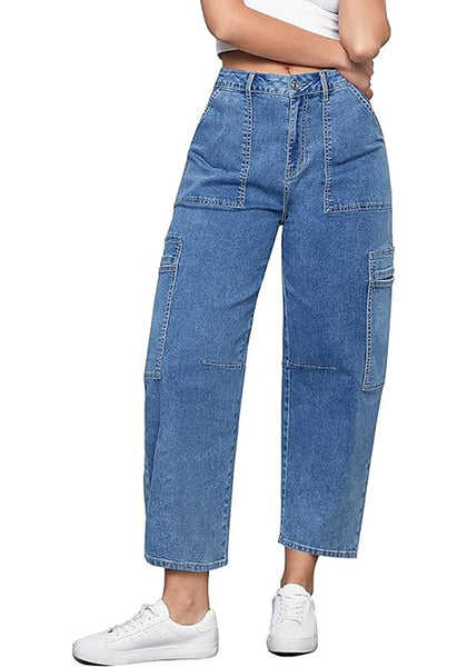 GRAPENT Barrel Jeans for Women Trendy High Waisted Cropped Cargo Pocket Baggy Stretch Denim Pants Wide Leg Tapered Jeans