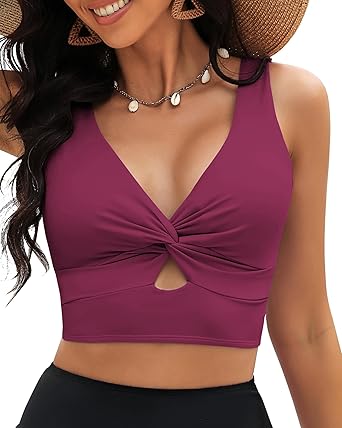 GRAPENT Bikini Tops for Women Cropped Tankini Tops Beach Padded Knot Twist Cut Out Adjustable Tank Swimwear Top Only