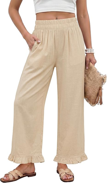 GRAPENT Linen Pants Women Wide Leg Ruffle Hem Pull On High Waisted Elastic Waist Cropped Ankle Casual Beach Summer Pants