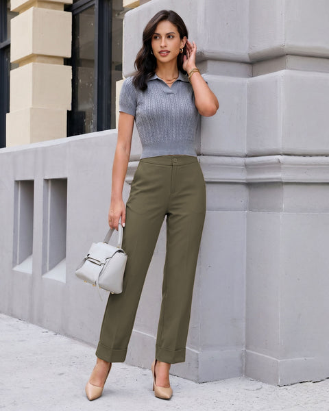 GRAPENT Dress Pants Women Ankle Straight Leg Business Casual Work Trousers Office Pants, Cuffed Hem, High Waisted, Elastic Back Waist, Stretchy Dressy Casual Slacks, Work Wear, Business Casual Outfits