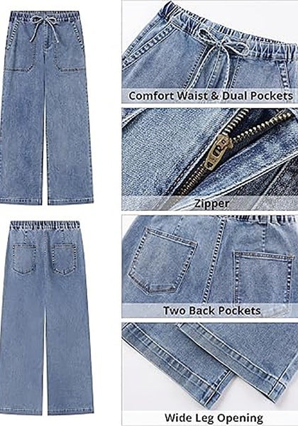 GRAPENT Wide Leg Jeans for Women Trendy High Waisted Drawstring Tie Elastic Waist Stretchy Denim Pants Trouser Jeans