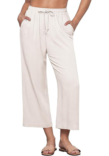 GRAPENT Linen Pants for Women High Waisted Wide Leg Capri Elastic Waist Casual Beach Flowy Cropped Summer Capris Pants