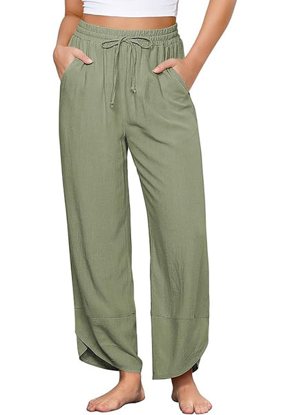 GRAPENT Linen Pants Women High Waisted Wide Leg Casual Beach Pull On Elastic Waist Summer Cropped Pants with Pockets