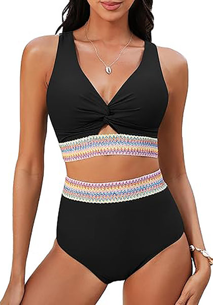 GRAPENT Bikini Sets for Women High Waisted Two Piece Swimsuit Padded Knot Twist Cut Out Color Block Bathing Suit Bikinis