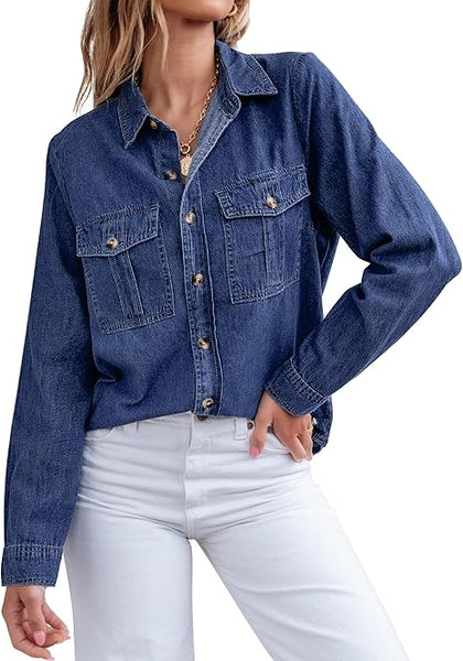 Grapent Women's Supima Cotton Wrinkle-free Relaxed Fit  Button Shirt Workwear-inspired Denim Shirt