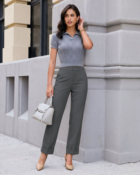 GRAPENT Dress Pants Women Ankle Straight Leg Business Casual Work Trousers Office Pants, Cuffed Hem, High Waisted, Elastic Back Waist, Stretchy Dressy Casual Slacks, Work Wear, Business Casual Outfits