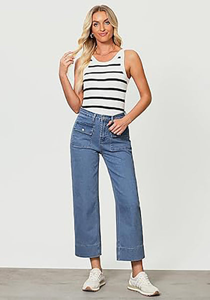 GRAPENT Wide Leg Jeans for Women Trendy High Waisted Straight Leg Cropped Stretchy Denim Pants with Retro Patch Pockets