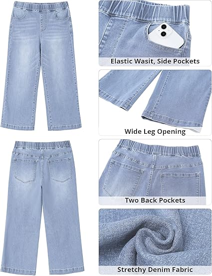 GRAPENT Capri Jeans for Women Wide Leg High Waisted Effortless Flow Pull On Stretchy Denim Elastic Waist Pants with Pockets