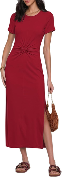 GRAPENT Long Dresses for Women Summer Casual Side Slit Twist Front 2026 Beach Vacation Short Sleeve Comfy Tshirt Dress