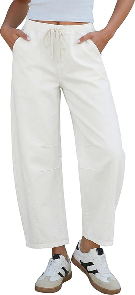 GRAPENT Barrel Jeans for Women Trendy High Waisted Cropped Baggy Wide Leg Pull On Elastic Waist Stretchy Denim Pants