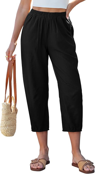 GRAPENT Capri Pants for Women Linen Barrel High Waisted Pull On Elastic Waist Casual Summer Capris Beach Vacation Pants