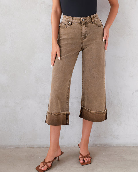 GRAPENT Wide Leg Jeans for Women High Waisted Stretchy Denim Capri Pants Fold Hem Cropped Baggy Capris Jeans with Pocket