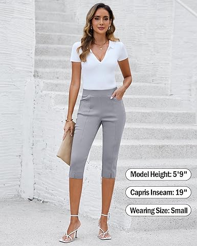 GRAPENT Capri Pants for Women High Waisted Pull On Elastic Waist Dressy Casual Stretchy Capris Trousers Pants Pockets