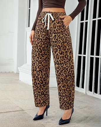 GRAPENT Womens Barrel Corduroy Pants Leopard Cheetah Elastic Waist Trousers Pull On Pants, Barrel Leg, Ankle Length, High Waist with Drawstring, Relaxed Fit, Comfy Fall Winter Pants, Casual Outfits
