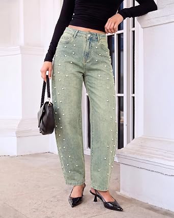 GRAPENT Barrel Jeans Women Rhinestone Pearl Embellished Sparkly Denim Pants High Waisted Jeans, Barrel Leg, Rhinestone and Pearl Embellished, Stretchy Denim Fabric, 29'' Inseam, Trendy, Dressy Casual