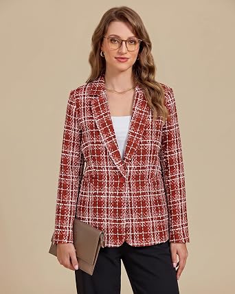 GRAPENT Tweed Blazers for Women Plaid Jacket Long Sleeve Work Casual Blazer Notched Lapel, Fully Lined, Shoulder Pads, Single Button, 2 Pockets, Interview, Office outfits, Business Casual Blazers