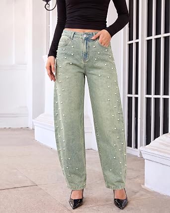 GRAPENT Barrel Jeans Women Rhinestone Pearl Embellished Sparkly Denim Pants High Waisted Jeans, Barrel Leg, Rhinestone and Pearl Embellished, Stretchy Denim Fabric, 29'' Inseam, Trendy, Dressy Casual