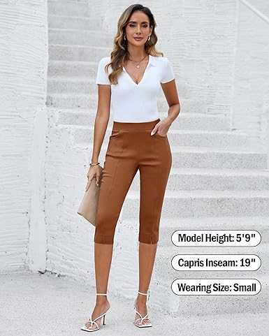 GRAPENT Capri Pants for Women High Waisted Pull On Elastic Waist Dressy Casual Stretchy Capris Trousers Pants Pockets