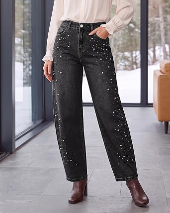 GRAPENT Barrel Jeans Women Rhinestone Pearl Embellished Sparkly Denim Pants High Waisted Jeans, Barrel Leg, Rhinestone and Pearl Embellished, Stretchy Denim Fabric, 29'' Inseam, Trendy, Dressy Casual