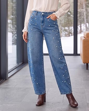 GRAPENT Barrel Jeans Women Rhinestone Pearl Embellished Sparkly Denim Pants High Waisted Jeans, Barrel Leg, Rhinestone and Pearl Embellished, Stretchy Denim Fabric, 29'' Inseam, Trendy, Dressy Casual