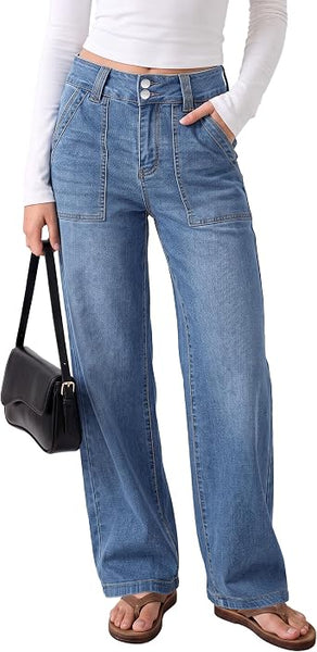 GRAPENT Straight Leg Jeans for Women High Waisted Dual Buttons Denim Pants Soft Stretchy Denim Jeans, Straight Wide Leg, High Rise Fit, Full Length, 29.5" Inseam, Big Pockets, Work Casual, Daily Wear