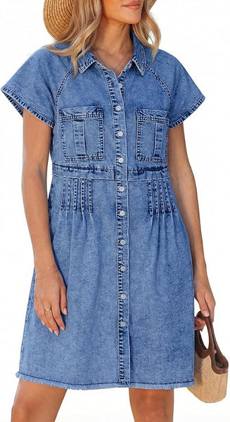 GRAPENT Denim Dresses for Women Short Sleeve Babydoll Pleated Raw Hem Distressed Casual Western Jean Dress with Pockets