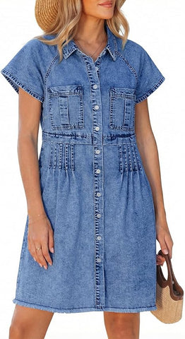 GRAPENT Denim Dresses for Women Short Sleeve Babydoll Pleated Raw Hem Distressed Casual Western Jean Dress with Pockets