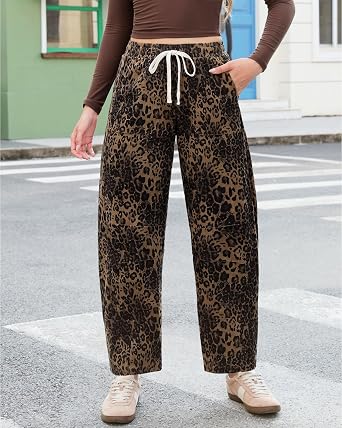 GRAPENT Womens Barrel Corduroy Pants Leopard Cheetah Elastic Waist Trousers Pull On Pants, Barrel Leg, Ankle Length, High Waist with Drawstring, Relaxed Fit, Comfy Fall Winter Pants, Casual Outfits