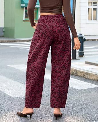GRAPENT Womens Barrel Corduroy Pants Leopard Cheetah Elastic Waist Trousers Pull On Pants, Barrel Leg, Ankle Length, High Waist with Drawstring, Relaxed Fit, Comfy Fall Winter Pants, Casual Outfits