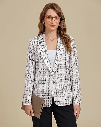 GRAPENT Tweed Blazers for Women Plaid Jacket Long Sleeve Work Casual Blazer Notched Lapel, Fully Lined, Shoulder Pads, Single Button, 2 Pockets, Interview, Office outfits, Business Casual Blazers