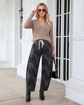 GRAPENT Womens Barrel Corduroy Pants Leopard Cheetah Elastic Waist Trousers Pull On Pants, Barrel Leg, Ankle Length, High Waist with Drawstring, Relaxed Fit, Comfy Fall Winter Pants, Casual Outfits