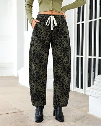 GRAPENT Womens Barrel Corduroy Pants Leopard Cheetah Elastic Waist Trousers Pull On Pants, Barrel Leg, Ankle Length, High Waist with Drawstring, Relaxed Fit, Comfy Fall Winter Pants, Casual Outfits