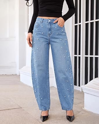 GRAPENT Barrel Jeans Women Rhinestone Pearl Embellished Sparkly Denim Pants High Waisted Jeans, Barrel Leg, Rhinestone and Pearl Embellished, Stretchy Denim Fabric, 29'' Inseam, Trendy, Dressy Casual