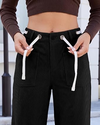 GRAPENT Barrel Corduroy Pants for Women High Waisted Ankle Casual Trousers Barrel Leg, Button-Zip, Elastic Back Waist, Stretchy, Drawstring Waist with Metal Eyelet, Fall Winter Pants, Casual Outfits