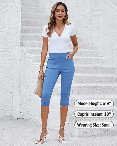 GRAPENT Capri Pants for Women High Waisted Pull On Elastic Waist Dressy Casual Stretchy Capris Trousers Pants Pockets